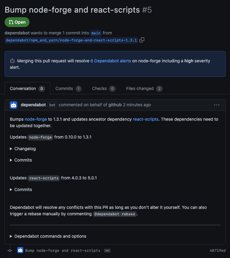 Screenshot of an open pull request that tells the developer about the transitive dependency and its top-level ancestor. The pull request is titled "Bump node-forge and react-scripts" and has a message from Dependabot that reads, "Merging this pull request will resolve 6 Dependabot alerts on node-forge including a high severity alert."
