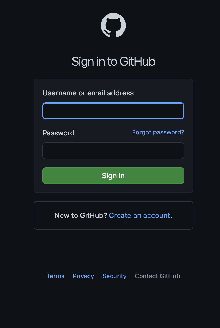 Screenshot of GitHub's login screen.