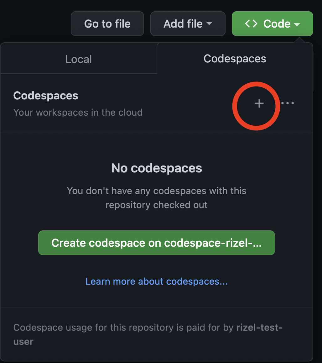 Screenshot showing how to open a GitHub Codespace.