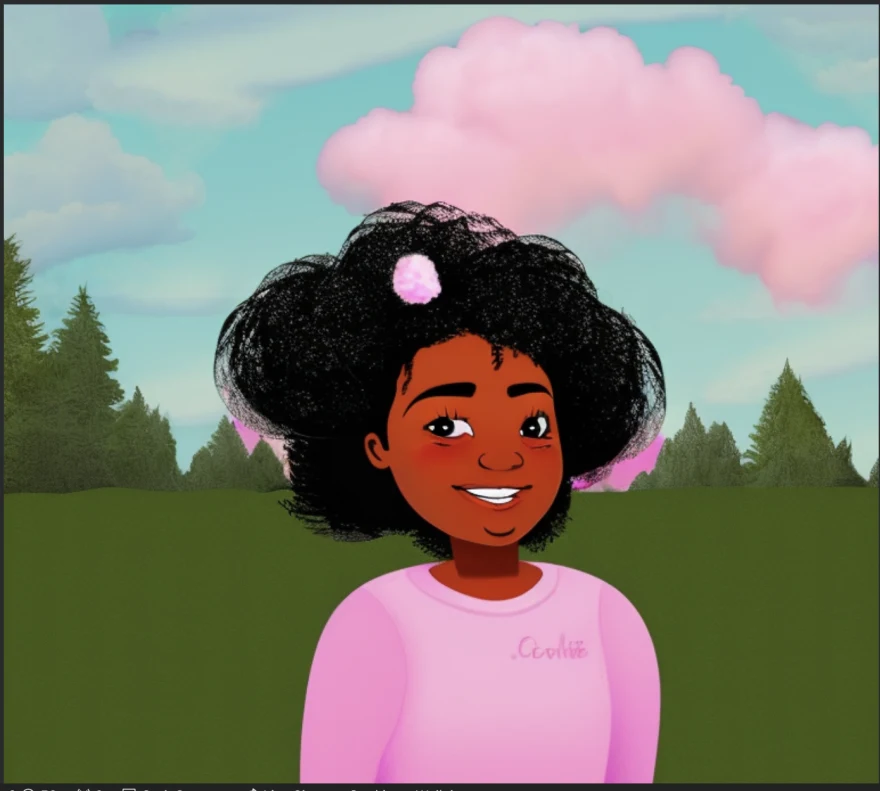 Computer-generated drawing-style image of a Black woman wearing a pink t-shirt, standing in front of a green field and some trees, with a pink cloud floating above her in the blue sky.