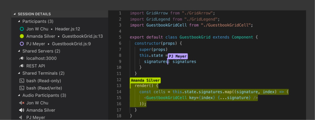 Screenshot of code in an editor showing sections highlighted and labeled with the names of users currently working on those lines.
