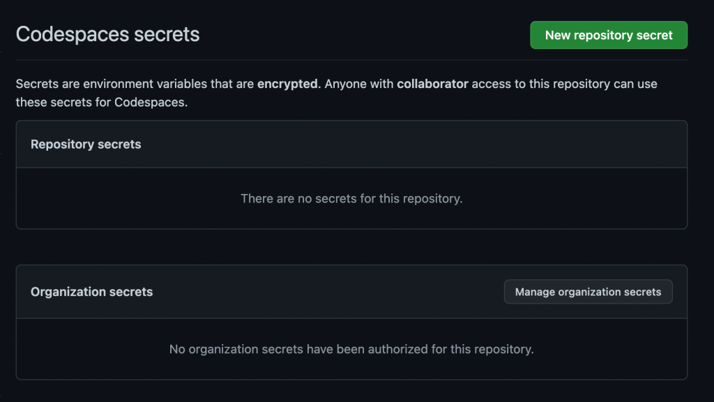 Screenshot showing how to securely store your environment variables with GitHub Codespaces.