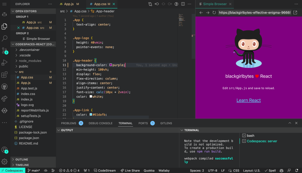 Screenshot of GitHub Codespaces.