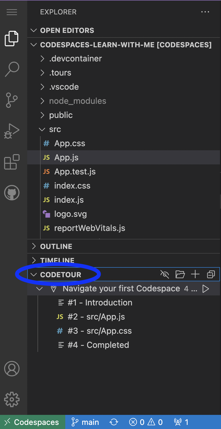 Screenshot of GitHub Codesapces' explorer tab.