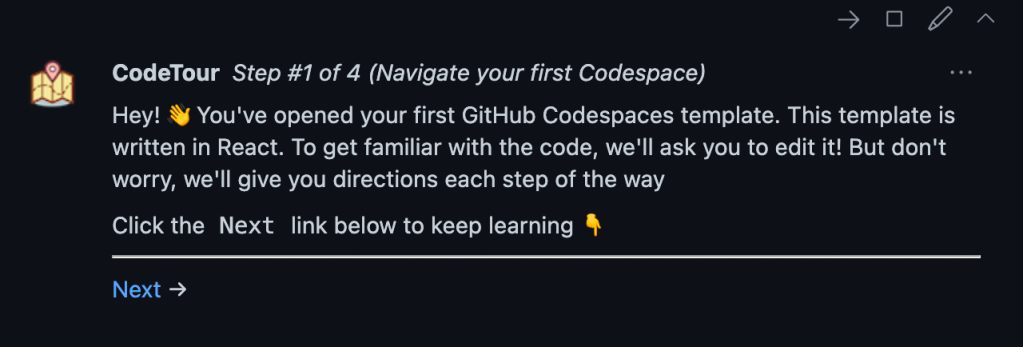 Screenshot of GitHub Codesapces' CodeTour.