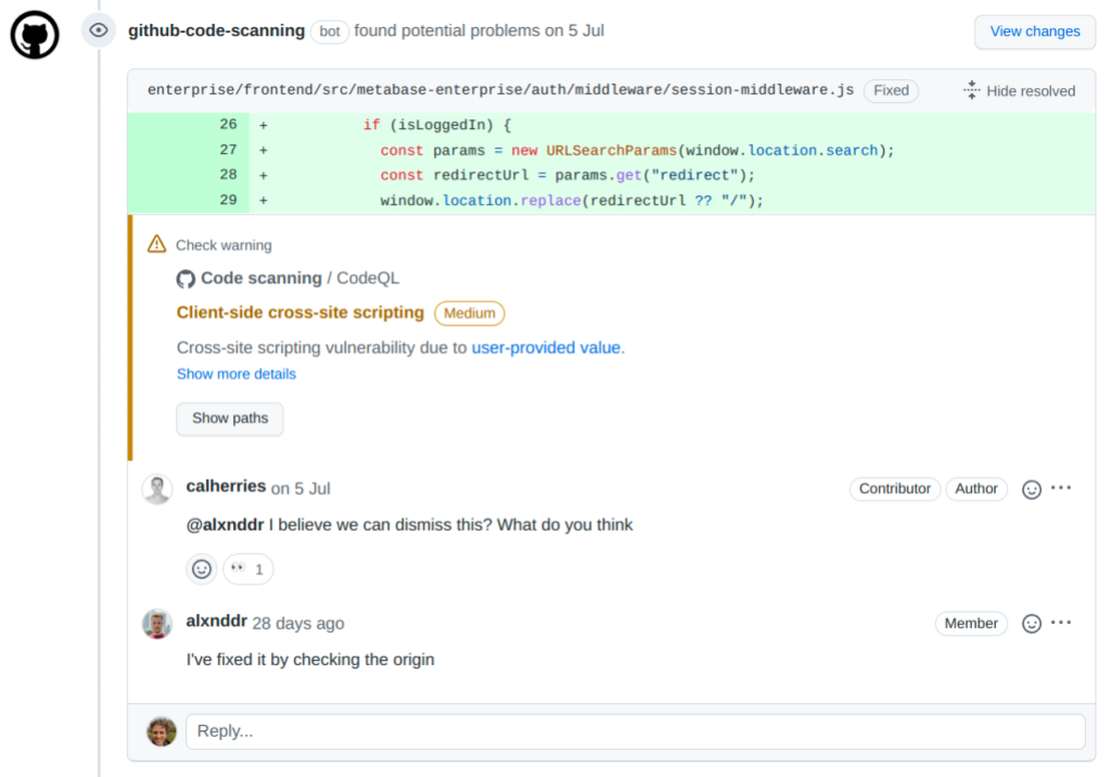 Screenshot of the GitHub code scanning bot displaying potential problems. Underneath the highlighted code, two people have a conversation about how to remediate them.