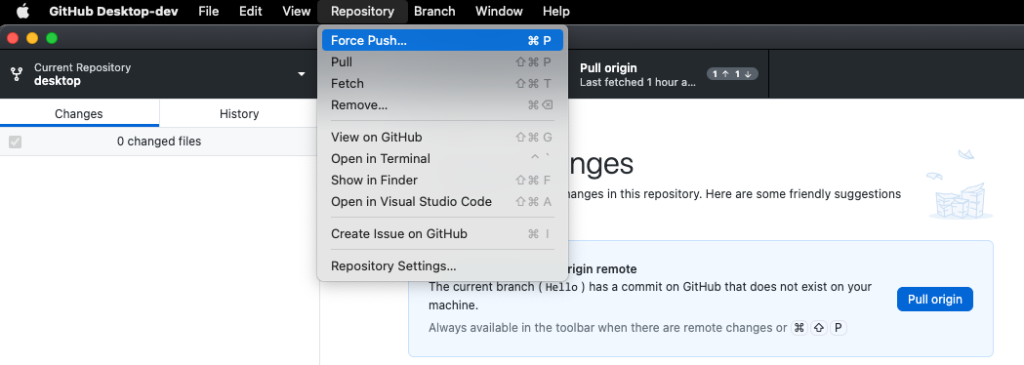 GitHub Desktop repository in a diverged state with repository menu open showing force push menu item