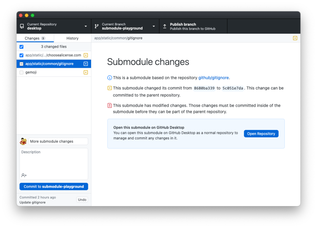 Showing a submodule diff demonstrating a submodule with changes and a new commit