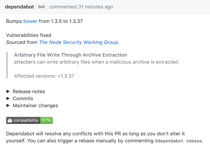 Screenshot showing a GitHub Pull Request that fixes vulnerabilities by upgrading from one version of a package to a more recent version