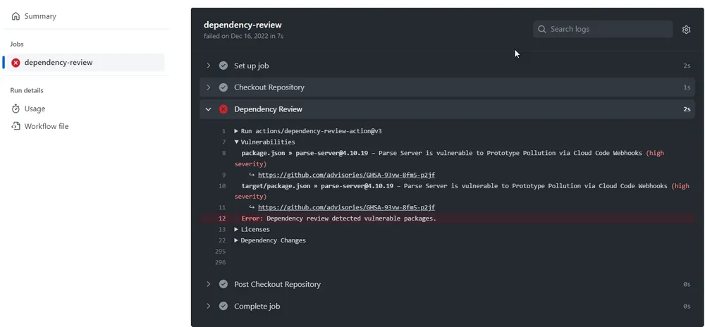 Screenshot showing dependency review as part of a GitHub Action workflow. Dependency review detected a newly introduced dependency, and blocked the workflow from progressing.