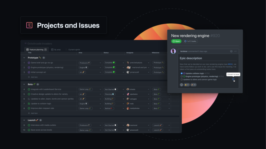 Screenshot of GitHub Projects and Issues.