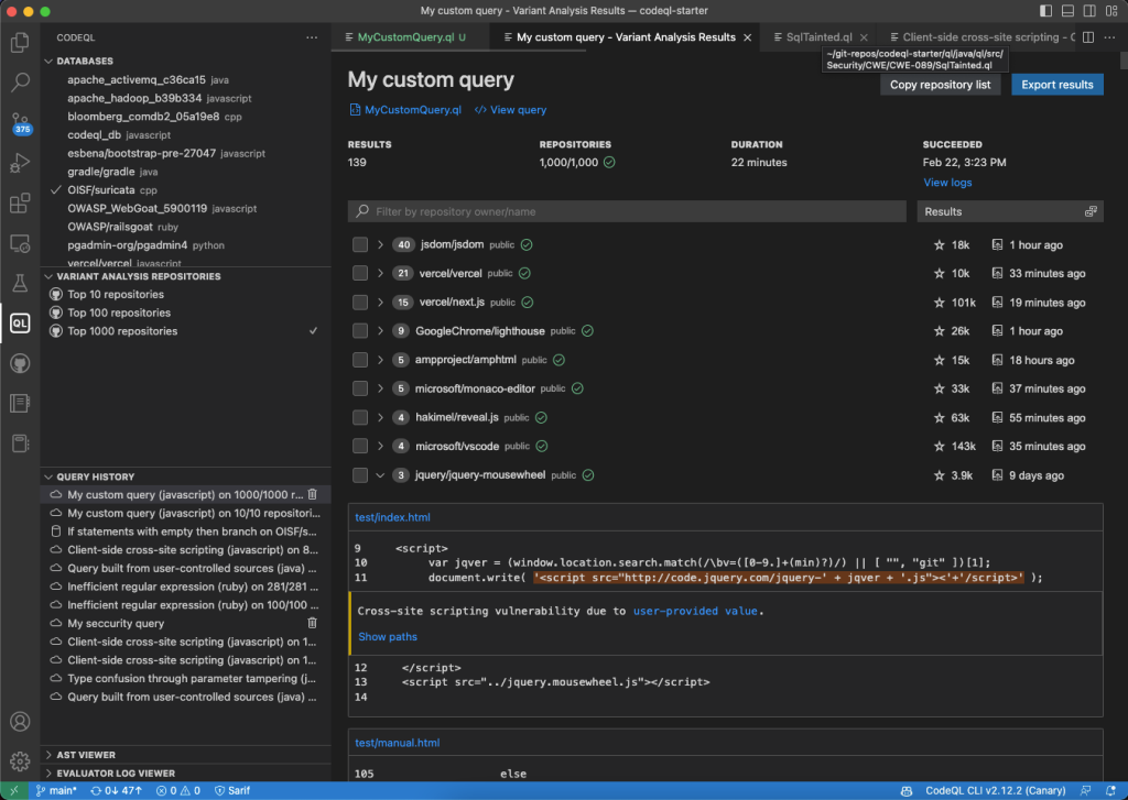 multi repository variant analysis results display in VS Code
