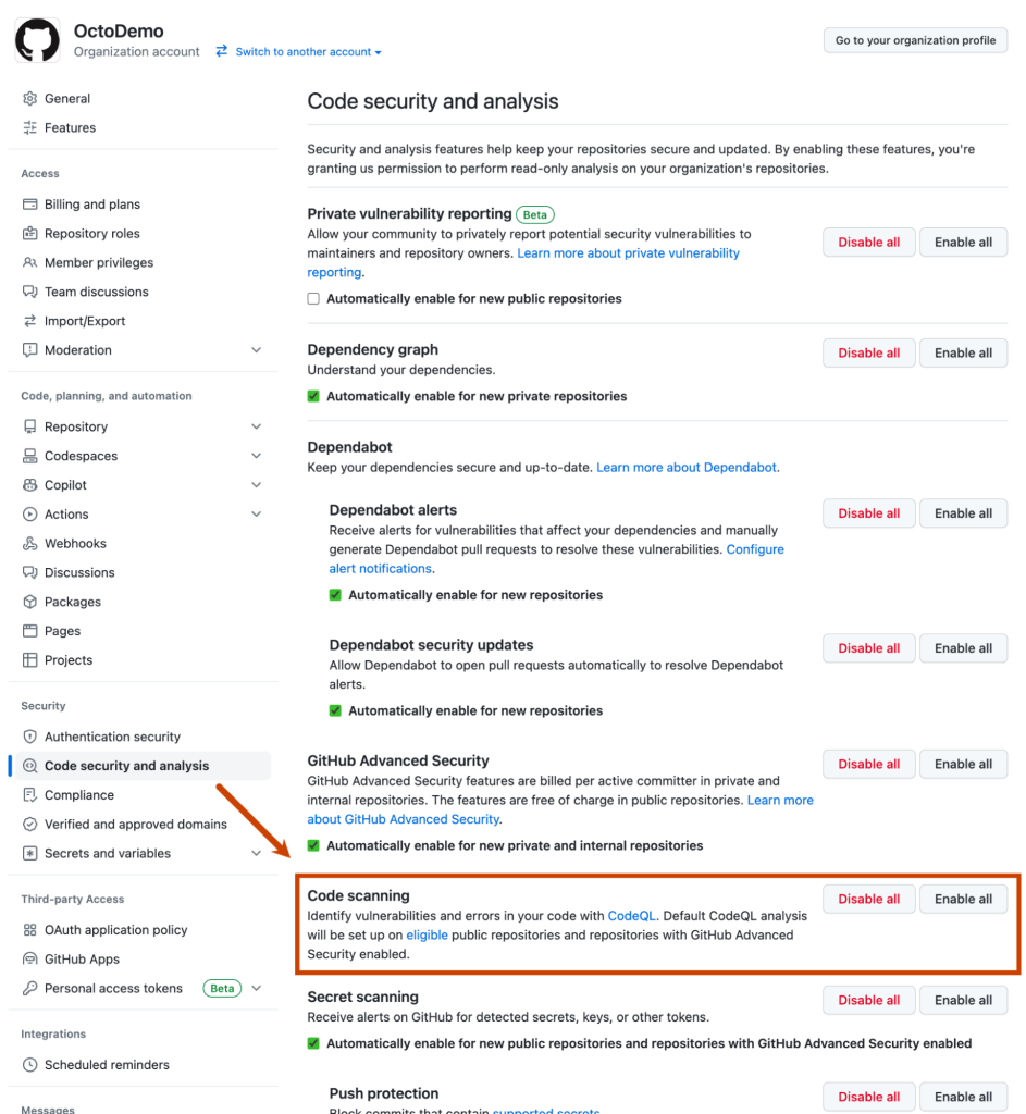 Screenshot of the "Code security and analysis" section on the "Settings" tab of your organization showing the option to "Enable all" for code scanning default setup, in the same way we have for other GitHub Advanced Security products.