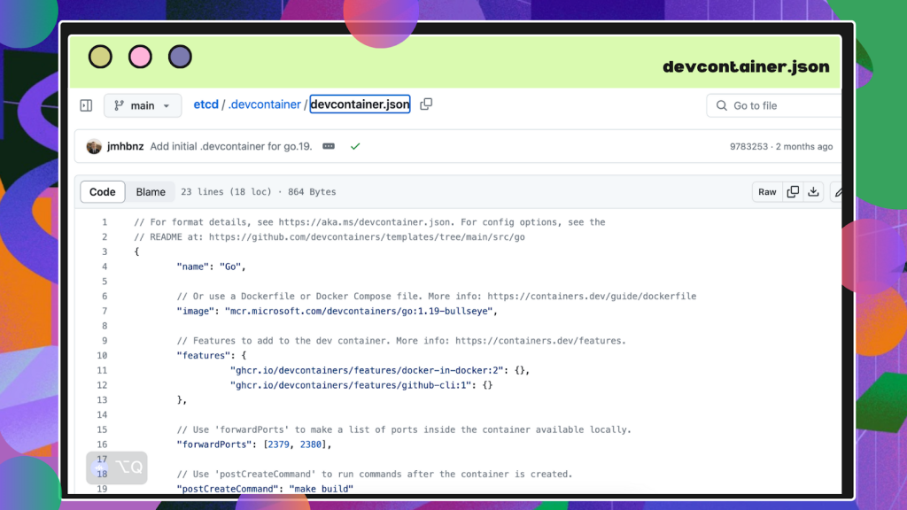 Screenshot of the devcontainer.json file in the etcd project.