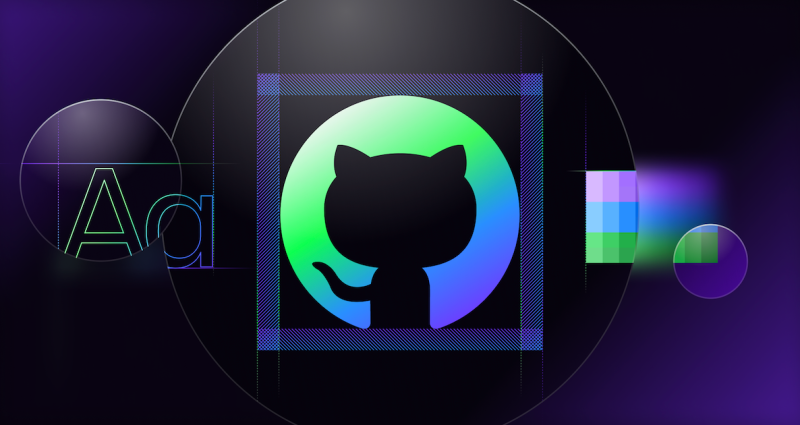 Graphic image showing GitHub logo centered within a box to represent padding, to the right is a subsection of a color chart to represent color systems and color contrast, to the left is the letter A in uppercase and lower case to represent typography. Parts of the image are blurred and in focus with a color gradient is used in the background and through the logo in purple, with hints of blue and green.