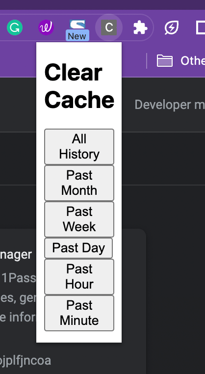 Screenshot of the Chrome extension offering options to "Clear Cache."