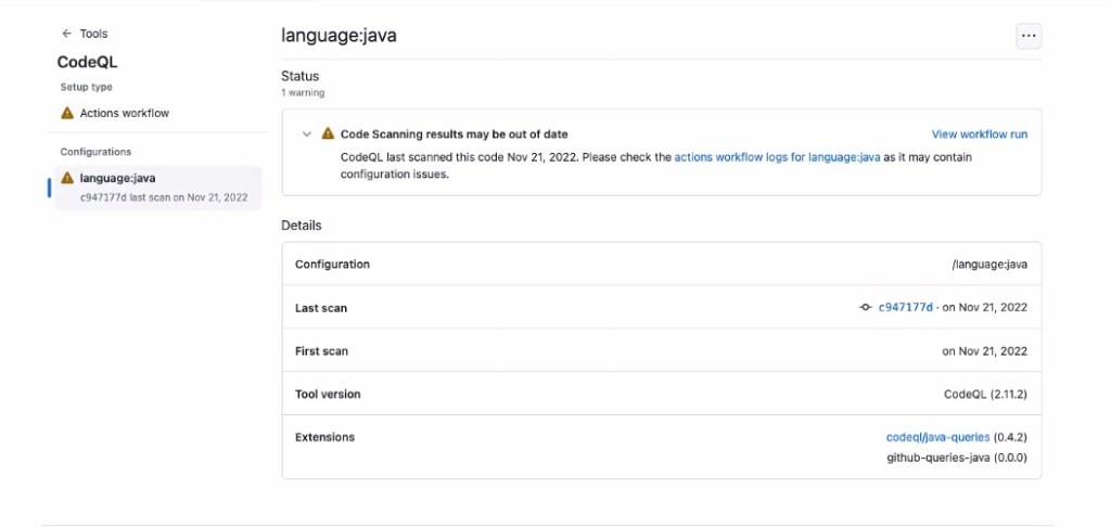 View of configuration alert for language:java