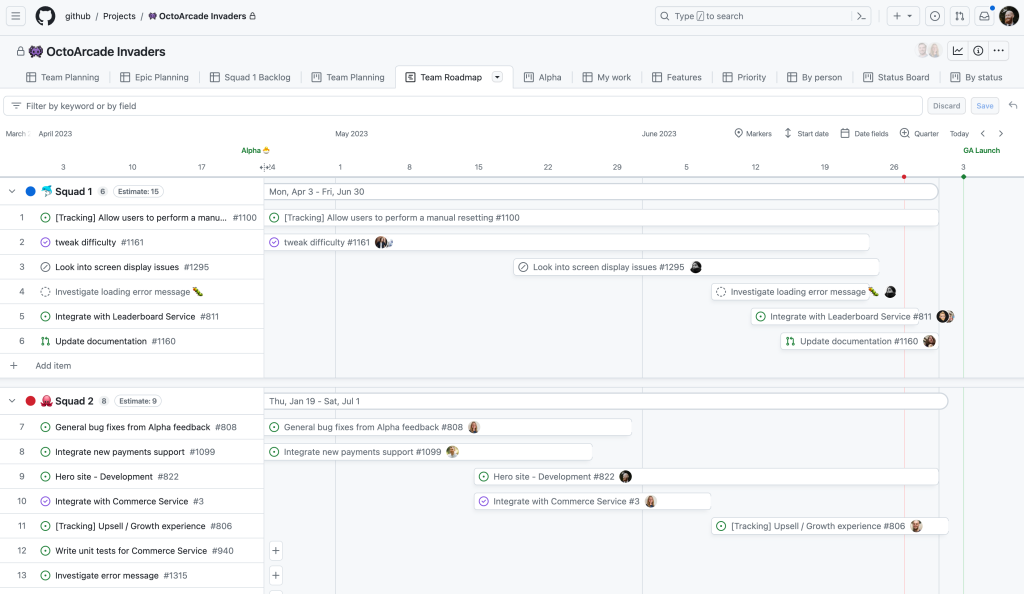 Screenshot of the roadmap layout in GitHub Projects.