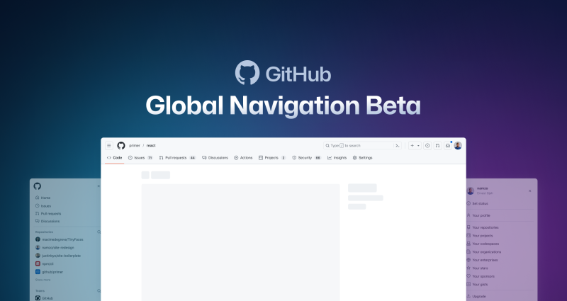 An image titled "GitHub Global Navigation Beta" that shows the top of a GitHub webpage that has the new navigation UI.