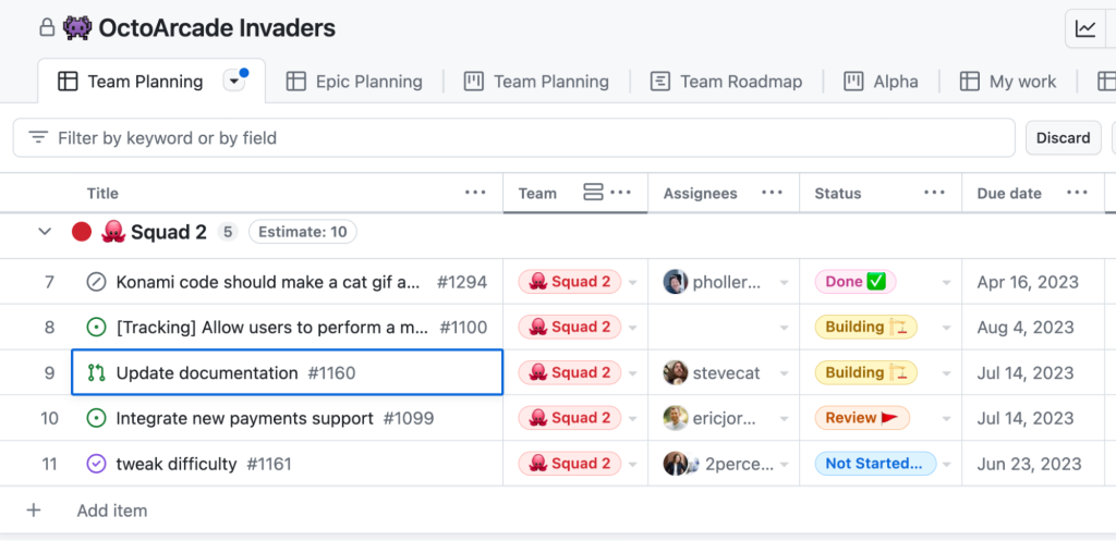 Screenshot of a GitHub Project board for the the repo "OctArcade Invaders." The open pull request "update documentation" is highlighted in the list of open items for Squad 2.