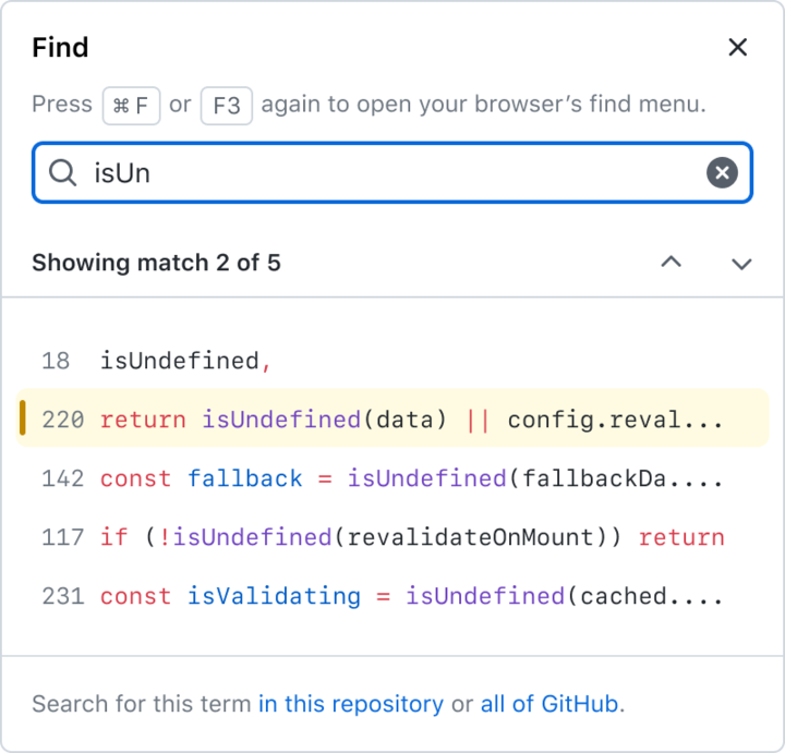 Screenshot of the "find" sidebar, showing a search bar with the term "isUn" and a list offive lines of code from the current file that contain that string, the second of which is highlighted as selected.