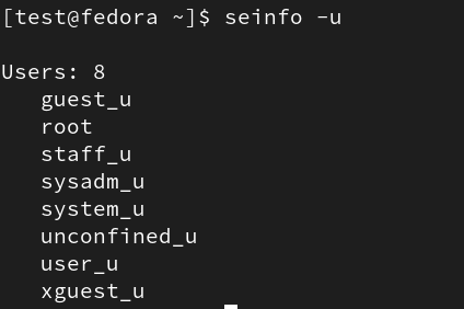 Screenshot of a terminal window showing the command "seinfo -u" which returns a list of 8 users.