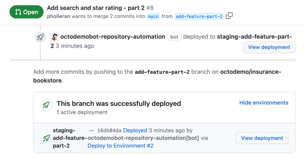 Screenshot of the pull request timeline showing that a branch has been successfully deployed.