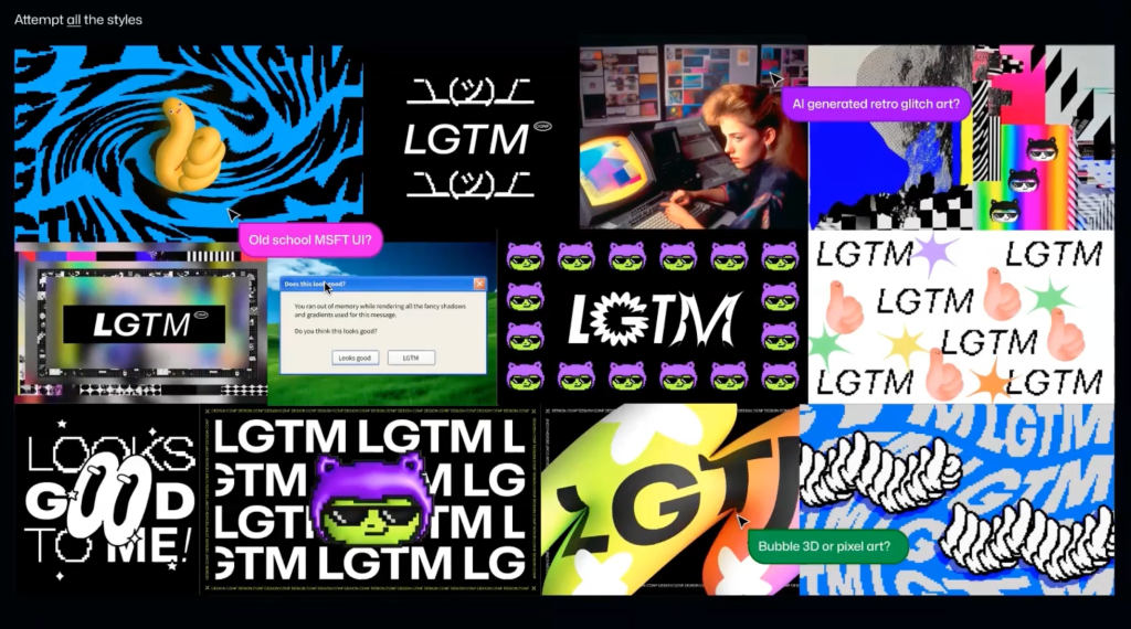 Moodboard with a collage of brightly colored images and patterns featuring the phrase LGTM.