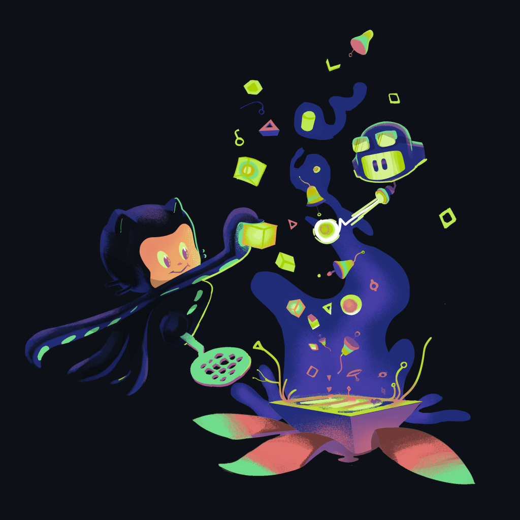 Illustration of Mona and Copilot work together to filter incoming notifications. Several green and pink shapes are floating out of a portal with a cloud of purple behind them.