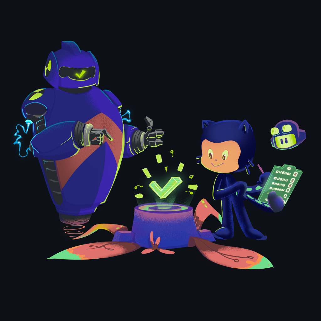 Illustration with Hubot, Mona, and Copilot overseeing confirmation of their task list being completed. Mona is holding a clipboard and looking at a glowing green checkmark coming out of a rock that looks like a cauldron.