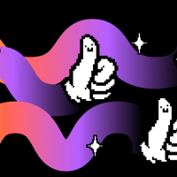 Three white, pixelated thumbs up icons are floating on a black background trailed by waves of purple, pink, and yellow and sparkle icons