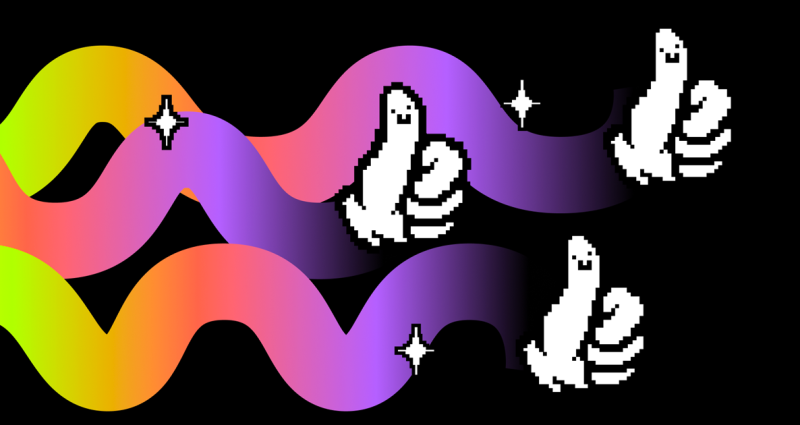 Three white, pixelated thumbs up icons are floating on a black background trailed by waves of purple, pink, and yellow and sparkle icons