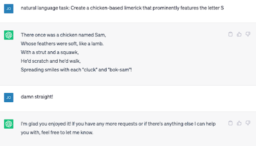 A screenshot of ChatGPT answering a prompt to create a chicken-based limerick. 