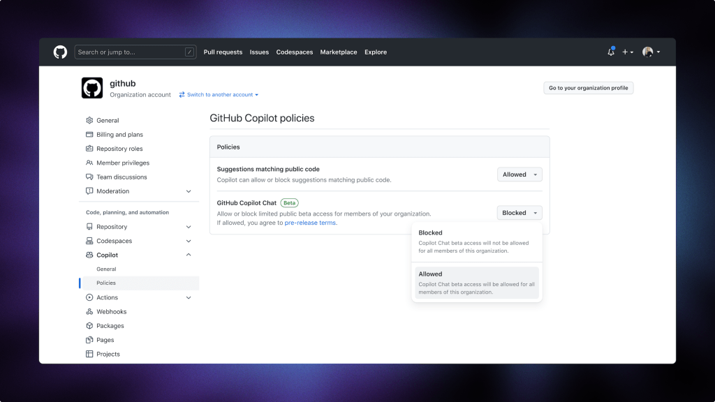 A GitHub administrator enabling the limited beta of GitHub Copilot Chat for their development teams.