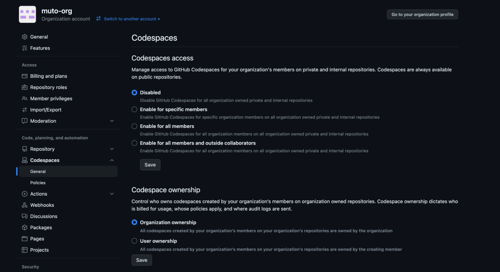 Screenshot of an organization's Codespaces settings page. Sections titled “Codespaces access” and “Codespaces ownership” contain radio buttons for various options.