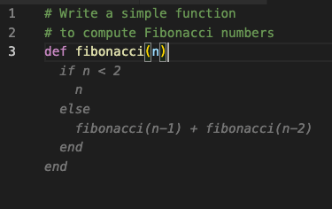 A developer using GitHub Copilot to write a simple function to compute Fibonacci numbers in Ruby. 