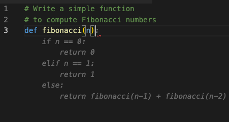 A developer prompting GitHub Copilot to write a simple function in Python to compute Fibonacci numbers. 