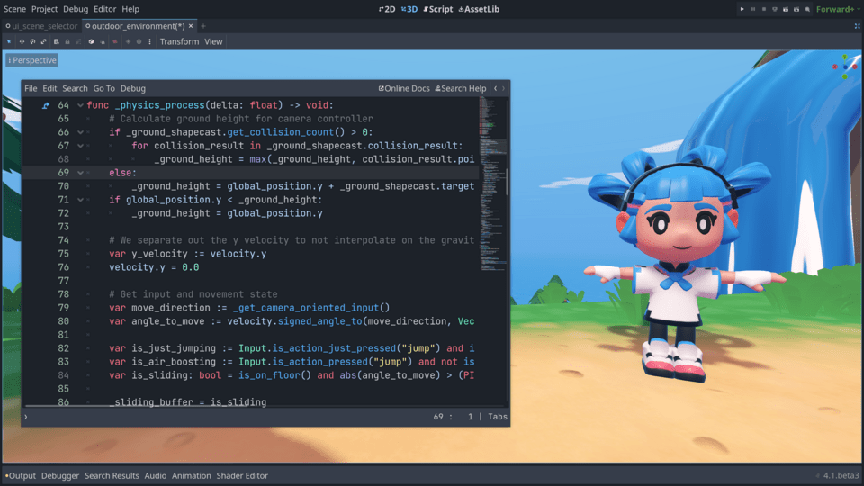 Godot 4.1 screenshot showing code editor detached from the main editor window.