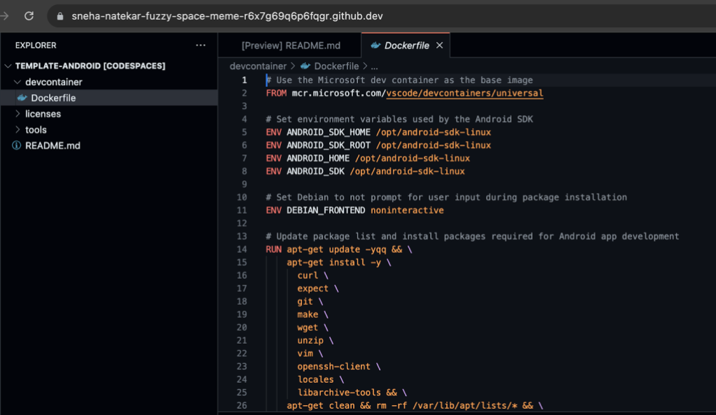 Screenshot of the codespace's Dockerfile.
