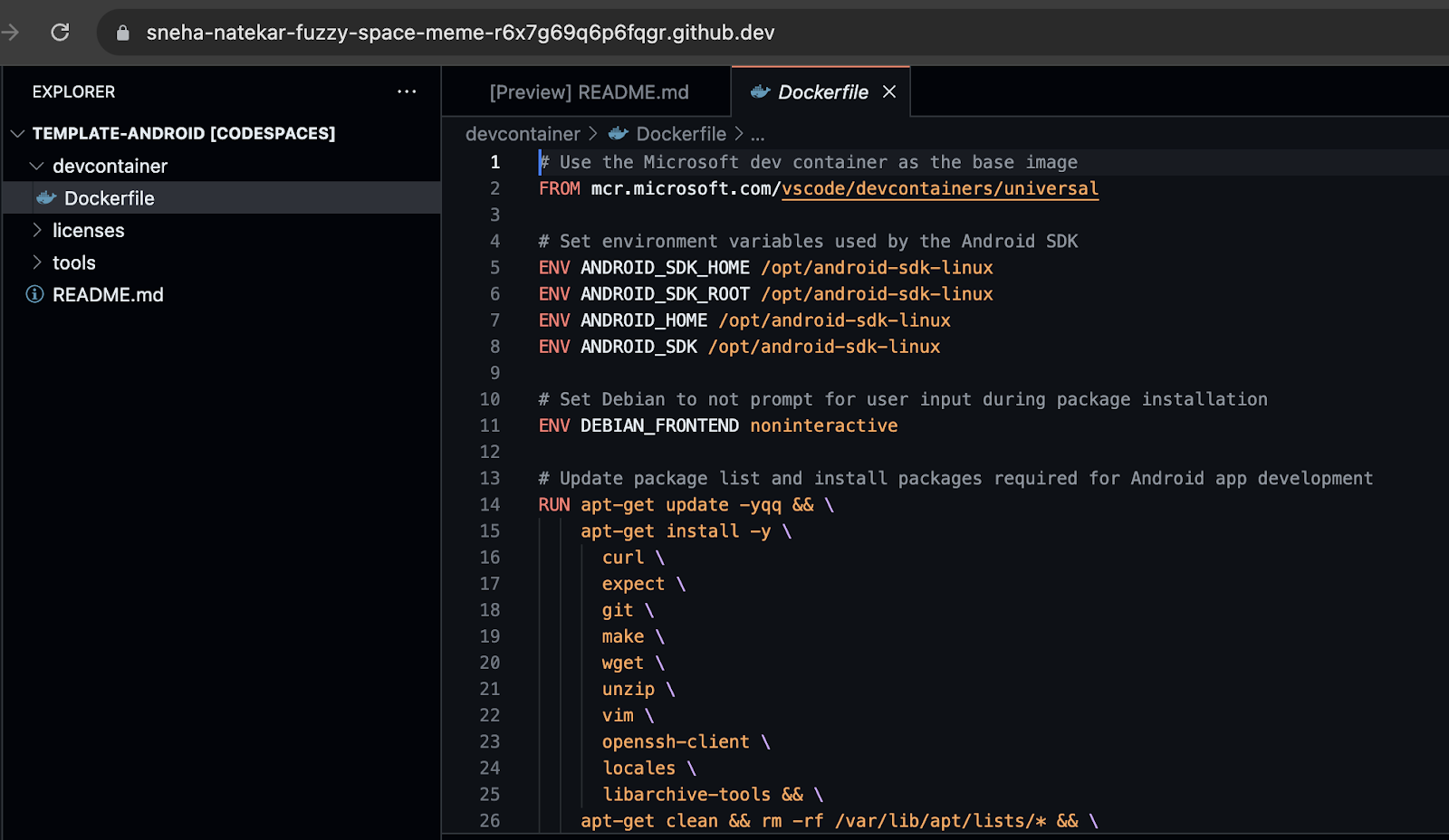 Screenshot of the codespace's Dockerfile.