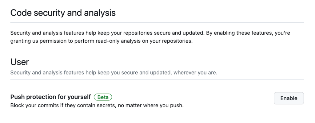Screenshot of where to find Push Protection in User Settings.