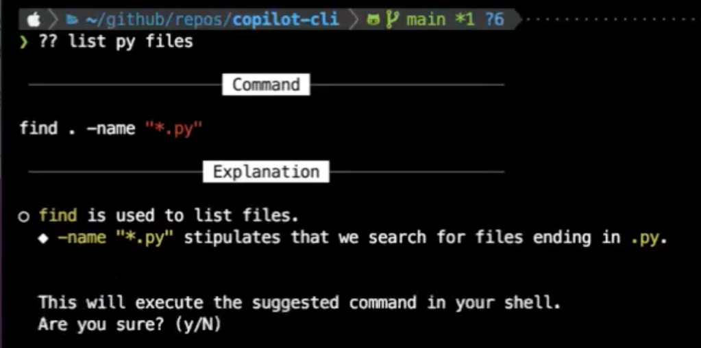 Screenshot of GitHub Copilot for CLI. Image shows developer prompting Copilot for CLI with two question marks and the query, "list py files." Copilot for CLI returns the suggested command, "find. -name "*.py" as well as the explanation, "find is used to list files. -name "*.py" stipulates that we search for files ending in .py. The application then asks the developer twice if they want to run the command.