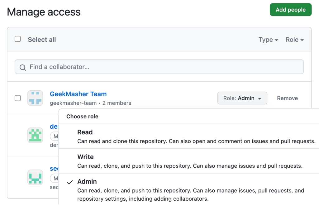 Screenshot of the "manage access" page in a repository. The "choose role" dialogue is open, and the "admin" role is checked for the highlighted user.