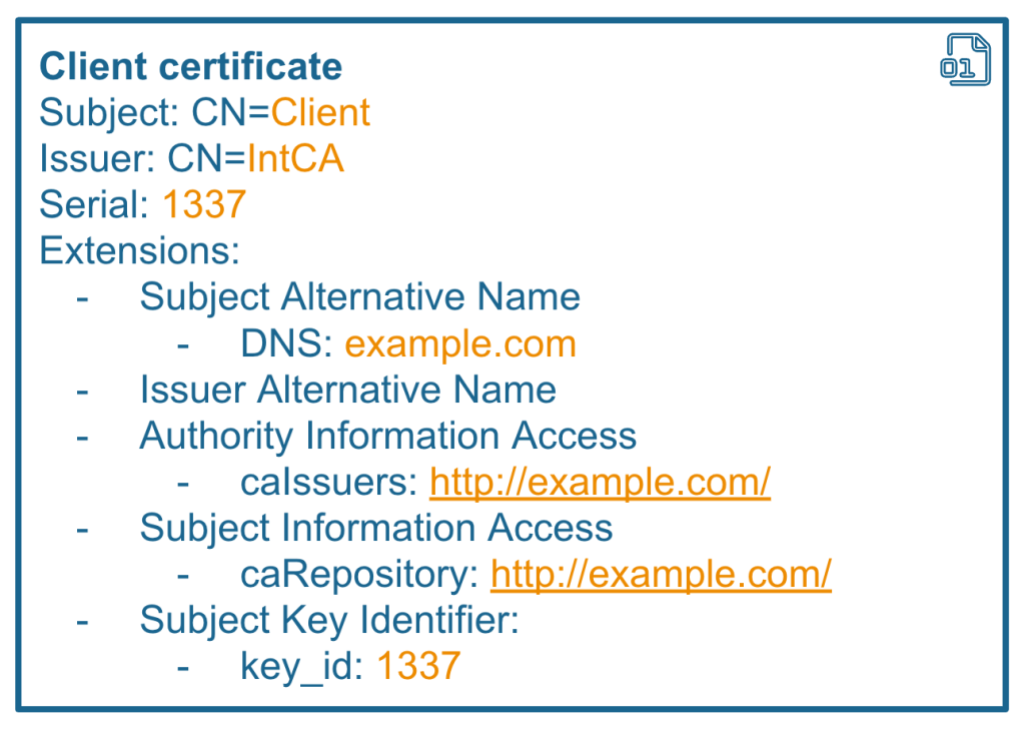 Client certificate with an AIA extension, containing a link to http://example.com