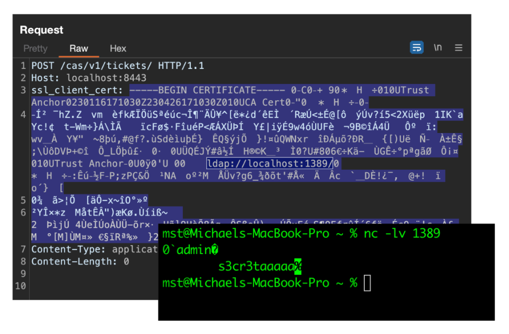 Pair of screenshots: the first contains a POST request to Apereo CAS and the second is a terminal running netcat.