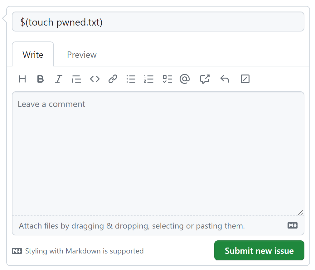 Screenshot of a new GitHub Issue named "$(touch pwned.txt)" being created.