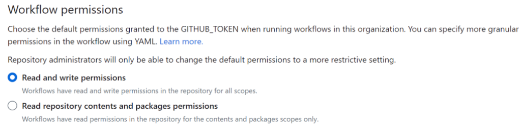Screenshot of the "Workflow permissions" section of a repository's settings. The radio button for "Read and write permissions" is selected.