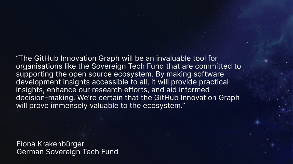 “The GitHub Innovation Graph will be an invaluable tool for organisations like the Sovereign Tech Fund that are committed to supporting the open source ecosystem. By making software development insights accessible to all, it will provide practical insights, enhance our research efforts, and aid informed decision-making. We&#039;re certain that the GitHub Innovation Graph will prove immensely valuable to the ecosystem.” Fiona Krakenbürger, German Sovereign Tech Fund