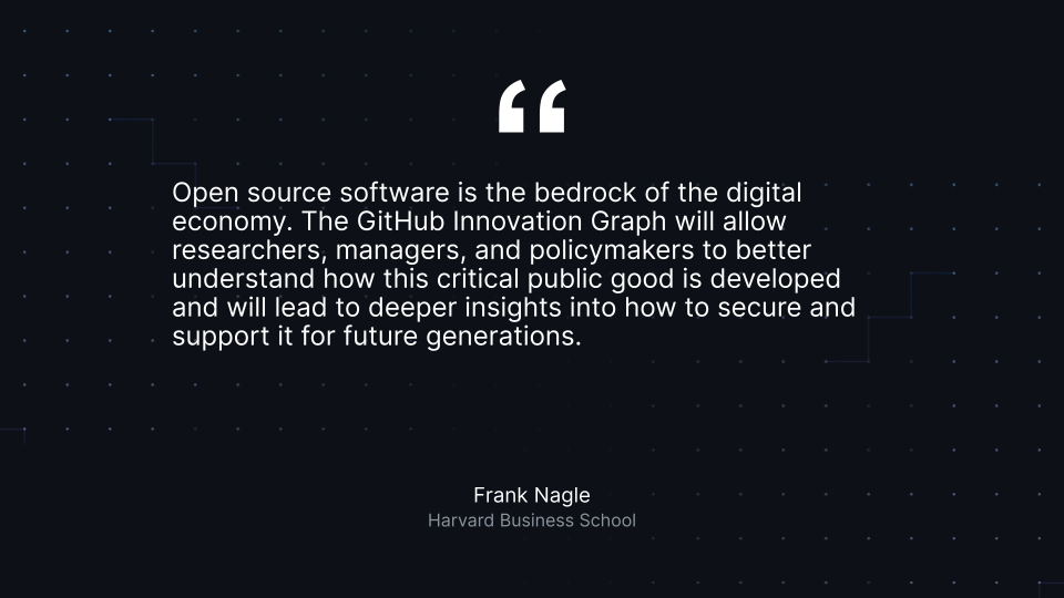 “Open source software is the bedrock of the digital economy. The GitHub Innovation Graph will allow researchers, managers, and policymakers to better understand how this critical public good is developed and will lead to deeper insights into how to secure and support it for future generations.” Frank Nagle, Harvard Business School