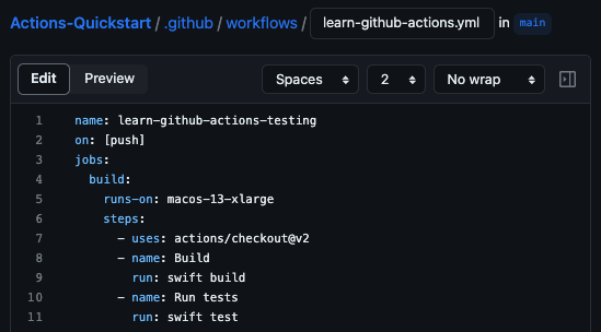 Screenshot of updating the `runs-on` key in the GitHub Actions YAML workflow YAML file to target `macos-latest-xlarge` or `macos-13-xlarge` and use the new runner.